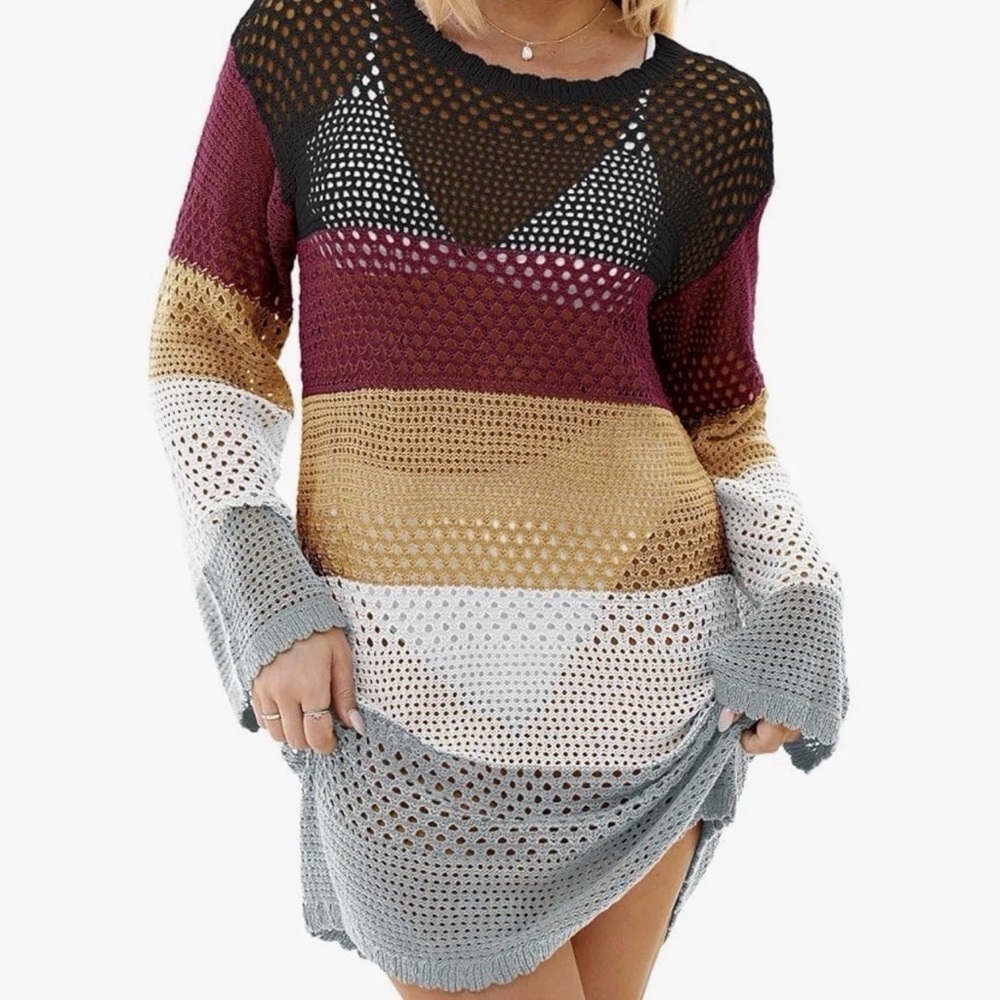 NWOT Boho Tunic Crochet Long Sleeve Bikini Swimsuit Crew Neck Cover Up XL
